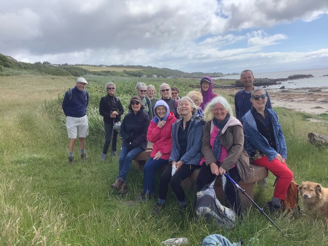 A photo of members of the "walking for Pleasure" group, above the beach at Kildonan