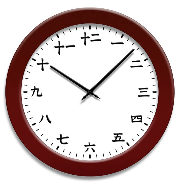 An image of a clock showing Japanese kanji characters representing numbers